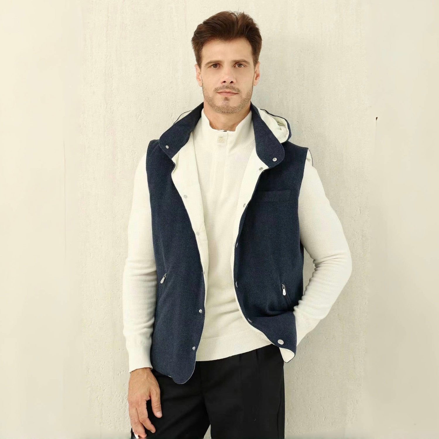 Brunello Cucinelli Men's Spring/Autumn Detachable Hooded Solid Color Single-Breasted Bonded Wool Flannel Down Vest Ngvp #2293