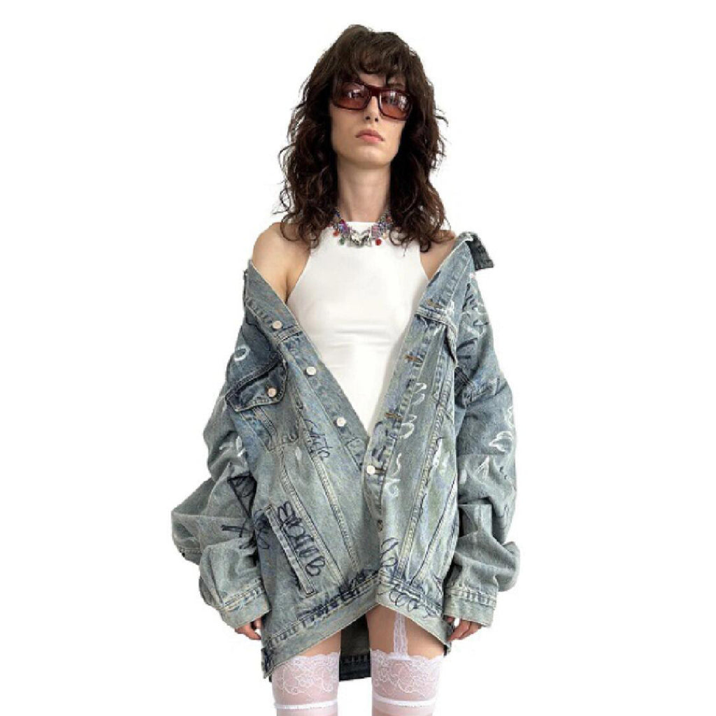 Balenciaga Men's Women's Spring And Autumn Graffiti Hand-painted Vintage Washed Denim Jacket Fashion Trend Loose Blue Loose Denim Jacket Ngvp #1974