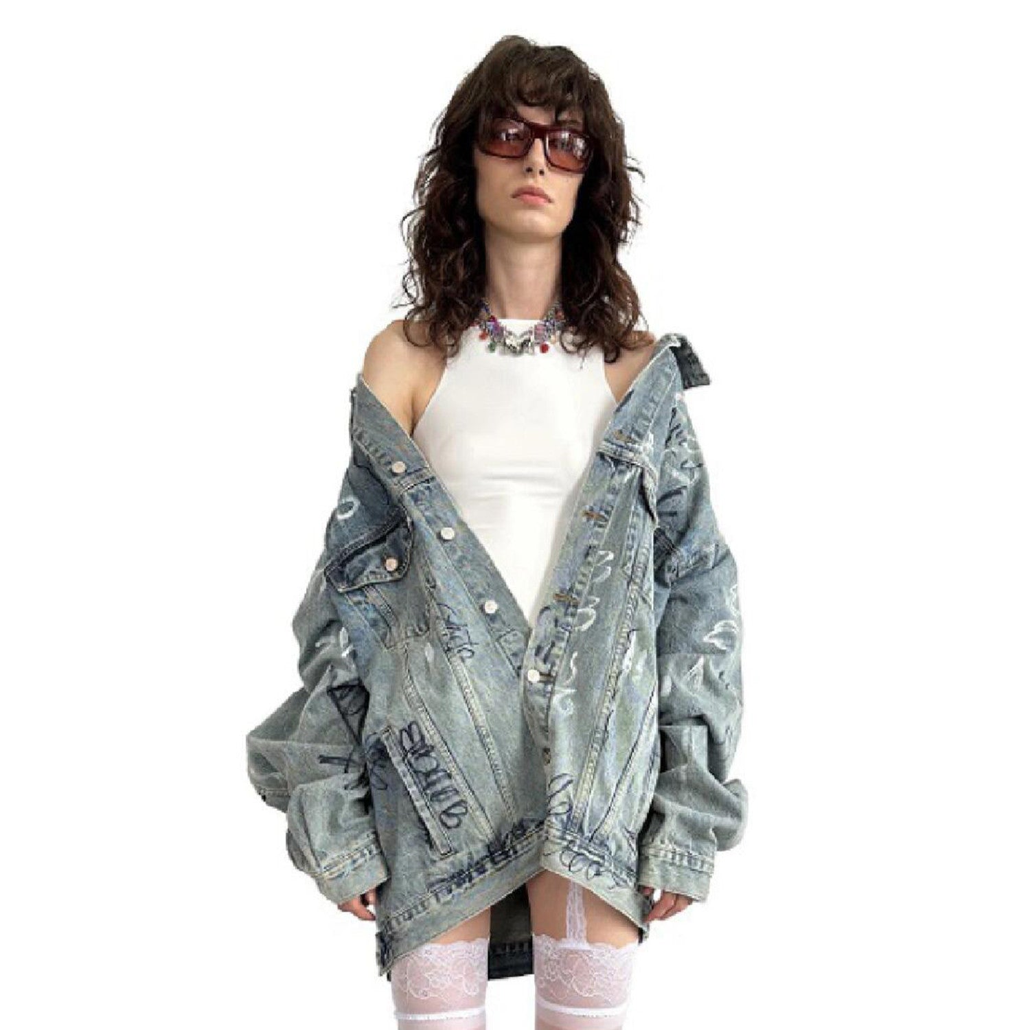 Balenciaga Men's Women's Spring And Autumn Graffiti Hand-painted Vintage Washed Denim Jacket Fashion Trend Loose Blue Loose Denim Jacket Ngvp #1974