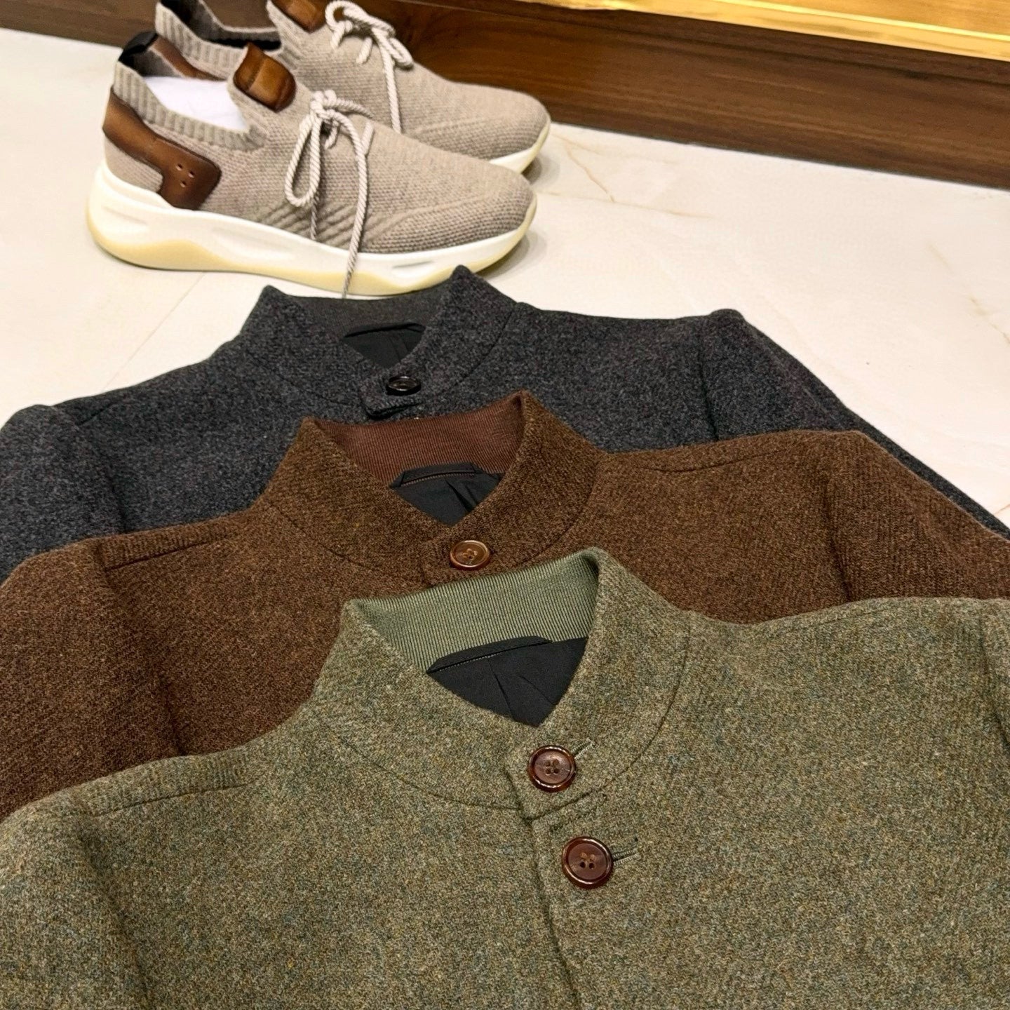 Ermenegildo Zegna Men's Spring/Fall Wool-Cashmere Blend Solid Color Stand Collar Workwear Zhongshan Suit Single-Breasted Long-Sleeve Pocket Jacket Ngvp #2528