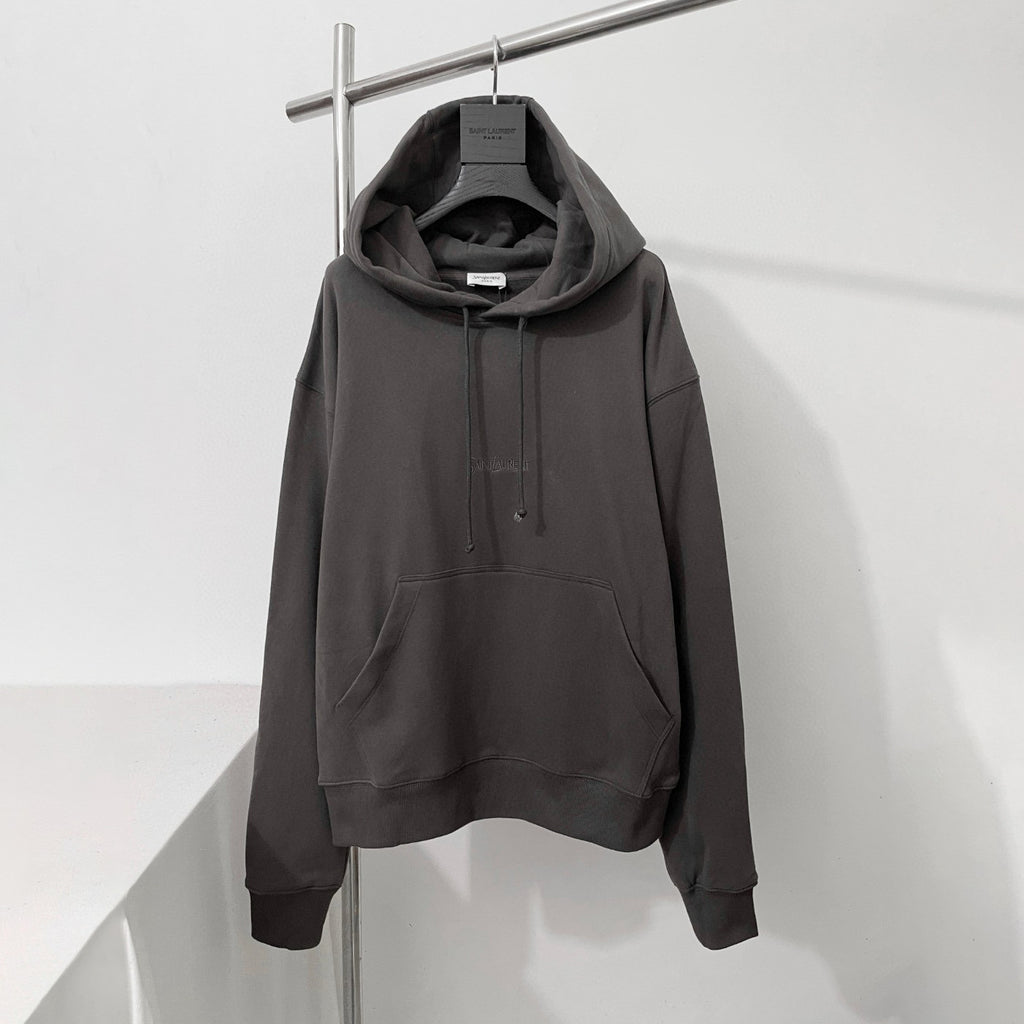 Saint Laurent Men's Spring/Autumn Solid Colour Casual Letter Embroidery Hooded Drawstring Pullover Long Sleeve Sweatshirt Pullover Hoodie #78282