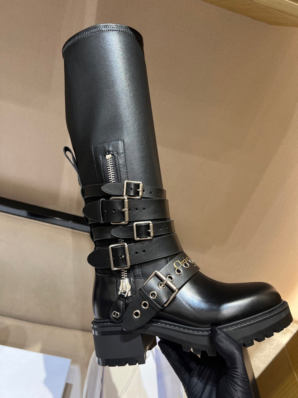 Dior D-Fight Women's Classic Trendy Round-Toe Zipper Chunky Heel Leather Knee-High Boots Shoes #78765