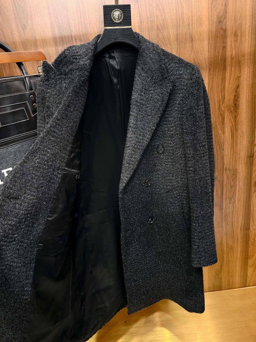 Hermes Men's Fall And Winter Water Wave Texture Casual Double-Breasted Medium-Length Wool Blend Coat Ngvp #9882