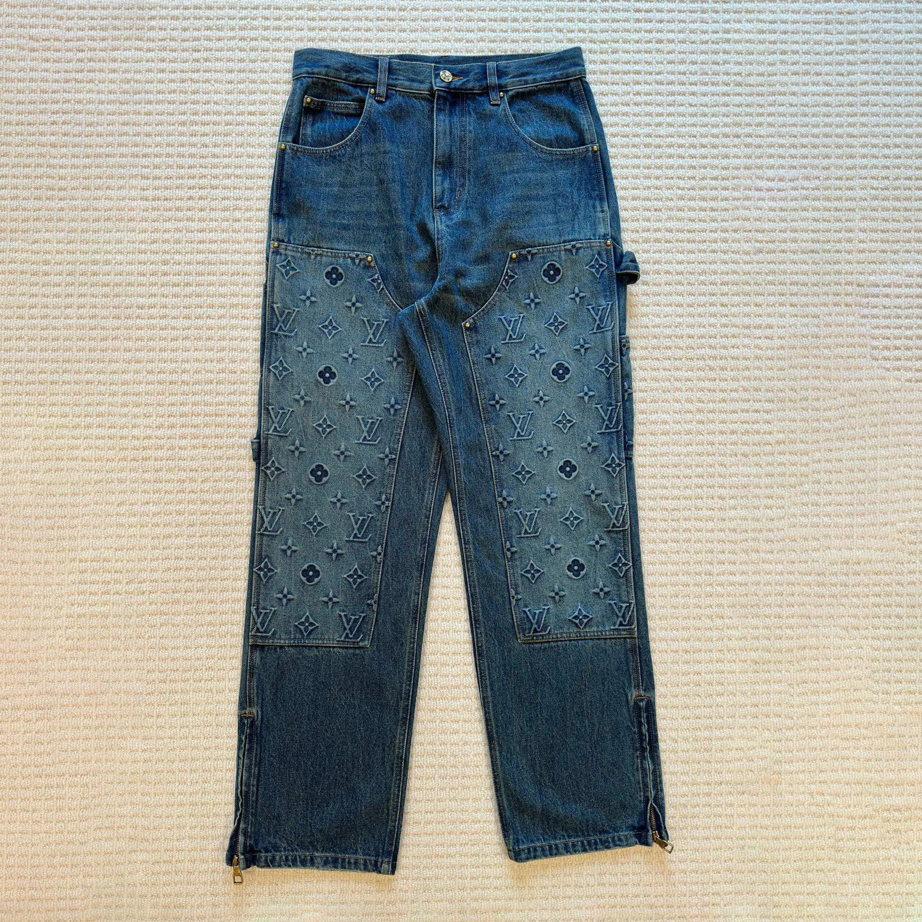 Louis Vuitton Men's Spring/autumn Fashion Casual Classic Logo Embossed Loose Straight Leg Workwear Denim Pants #78388