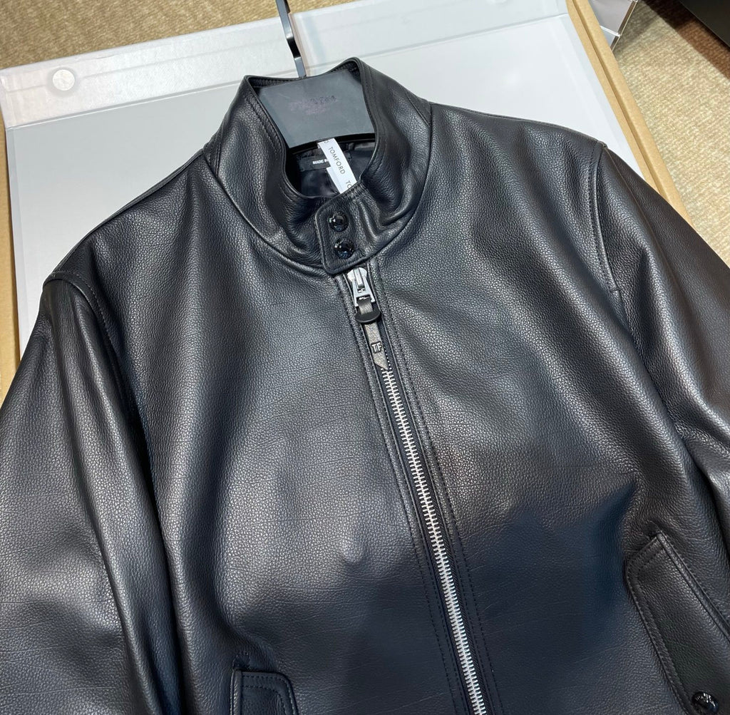Tom Ford Men's Fall/Winter Fashion Classic Solid Color Leather High Neck Zipper Long Sleeve Leather Jacket #79141