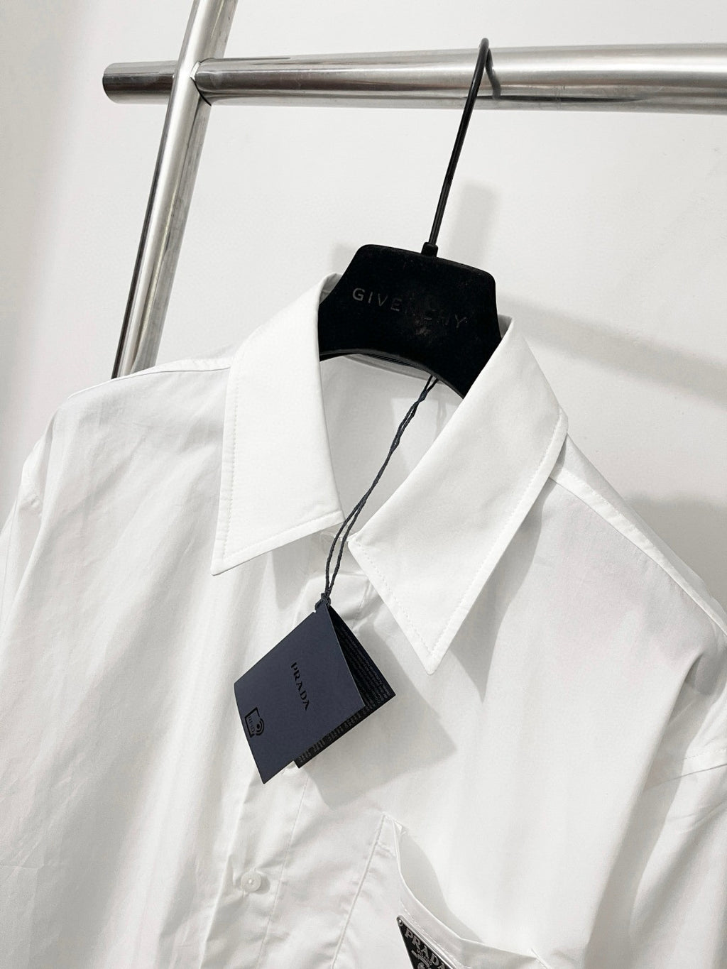 Prada Men's Women's Spring/Summer Solid Color Cotton Triangle Label Pocket Single Button Long Sleeve Shirt #77372