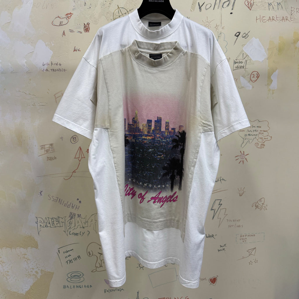 Balenciaga Men Women Summer Retro Fake Two Piece Printed Round Neck Loose Short Sleeve T-Shirt Ngvp #1857