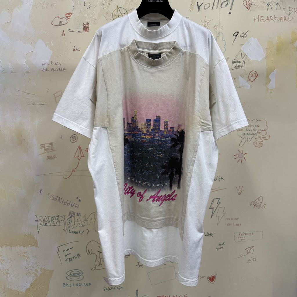 Balenciaga Men Women Summer Retro Fake Two Piece Printed Round Neck Loose Short Sleeve T-Shirt Ngvp #1857