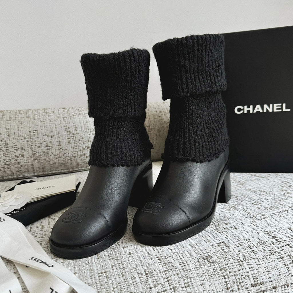 Chanel Women's Fall/winter Fashion Casual Round Toe Slip On Leather Cashmere Loop Cuff Mid Calf Boots Shoes #78536