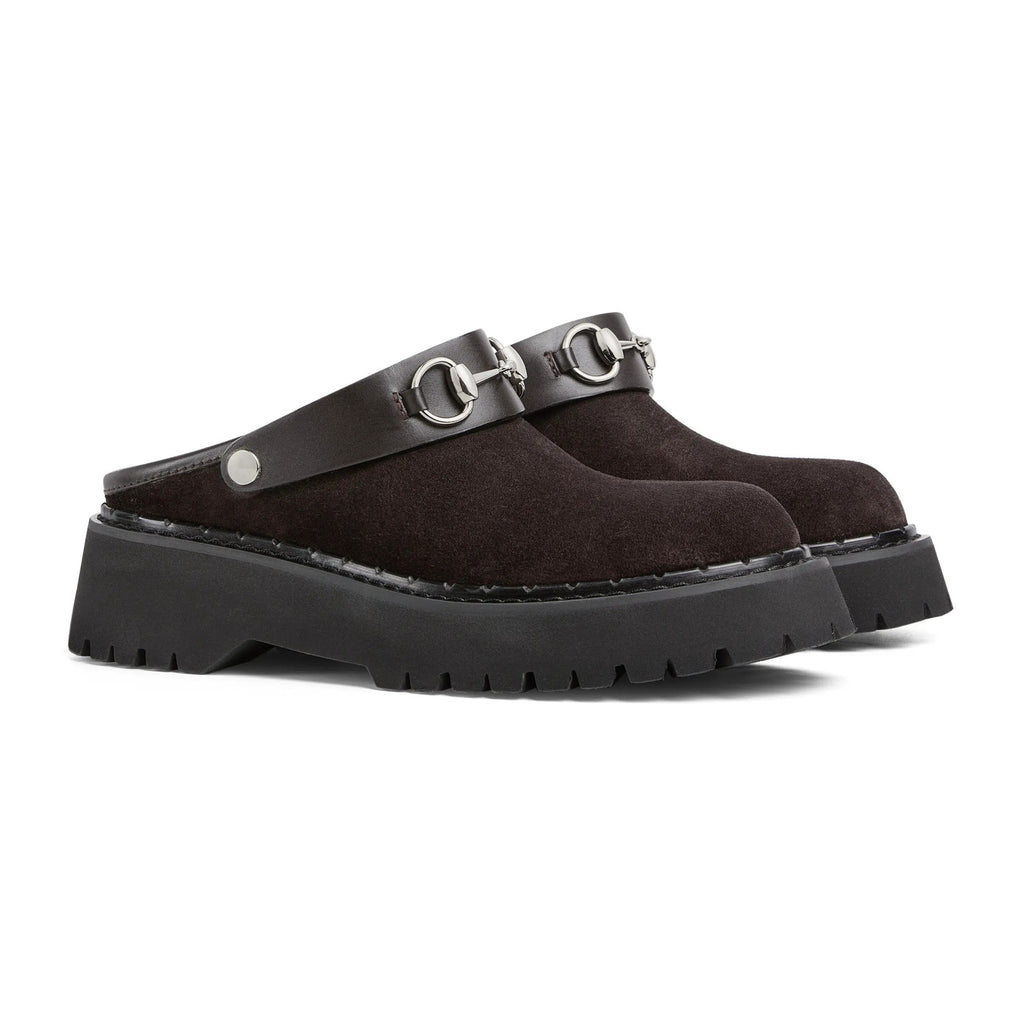Gucci Women's Decorated Horsebit Buckle Mule Shoes Suede Leather Half Slippers Fashion Thick Bottom Height Increasing Shoes Heel Height:5cm  #81434