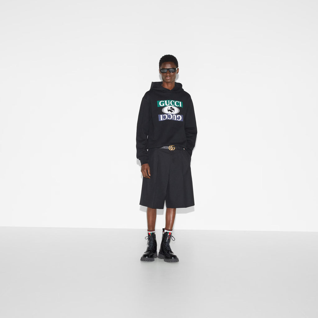 Gucci Cotton Jersey Hooded Sweatshirt Men'S Spring Autumn Fashion Pullover Hoodie Black Logo Print Hooded Sweatshirt #81152