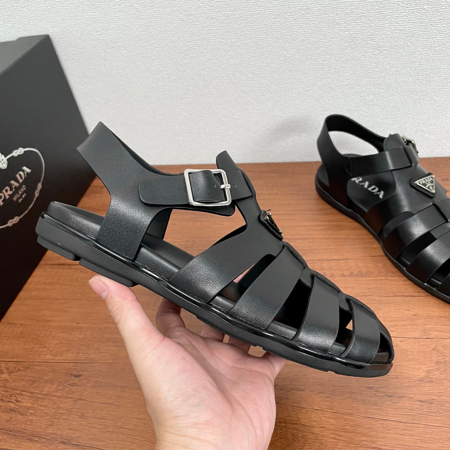 Prada Triangle Logo Cage Fisherman Sandals #383743