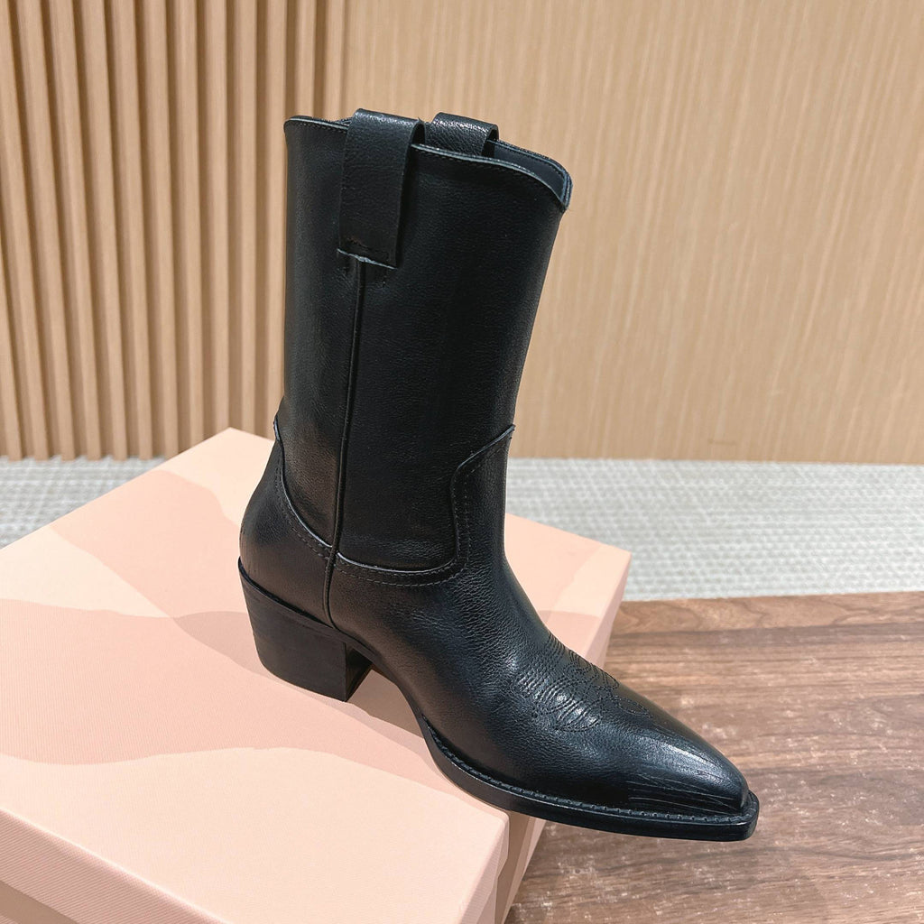 MiuMiu Women's Autumn/winter Fashion Classic Solid Color Retro Leather Pointed Toe High Heel High Boot Shoes #78435