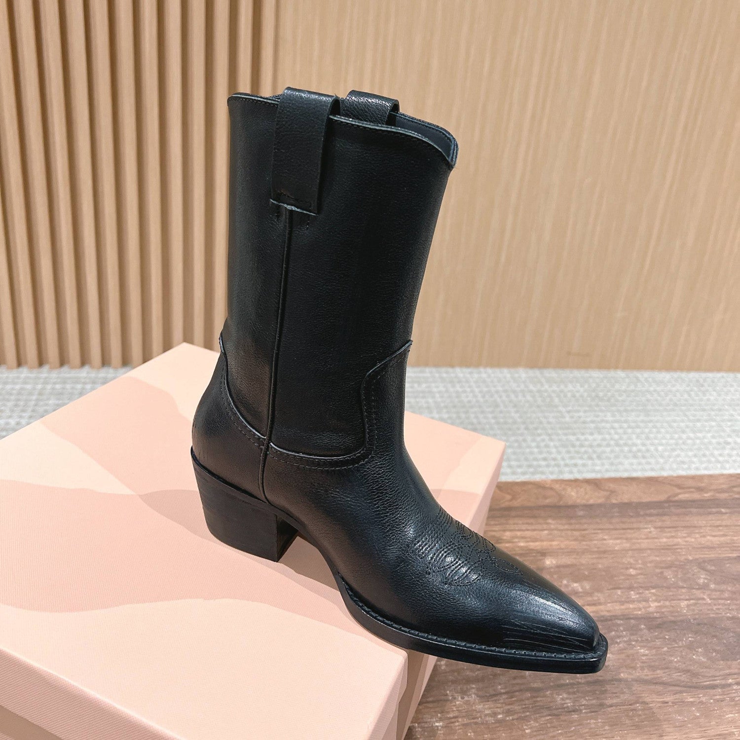 MiuMiu Women's Autumn/winter Fashion Classic Solid Color Retro Leather Pointed Toe High Heel High Boot Shoes #78435