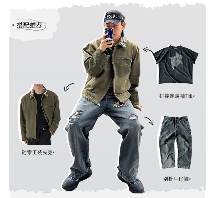 Enfants Riches Deprimes Men's Women's Spring And Autumn Lapel Faded Old Badge Solid Color Loose Long Sleeve Workwear Jacket Ngvp #9338