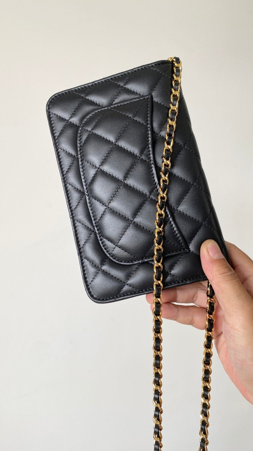 CHANEL Classic CC Logo Silver Buckle Lychee Leather Black #332724