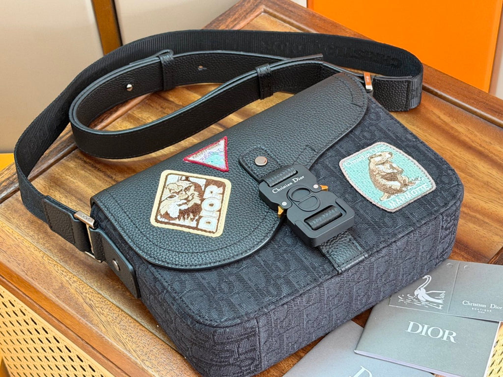 Dior Men's Male Black Grainy Leather Saddle Messenger Bag with CHRISTIAN DIOR Logo Jacquard Shoulder Strap Crossbody Bag #195094