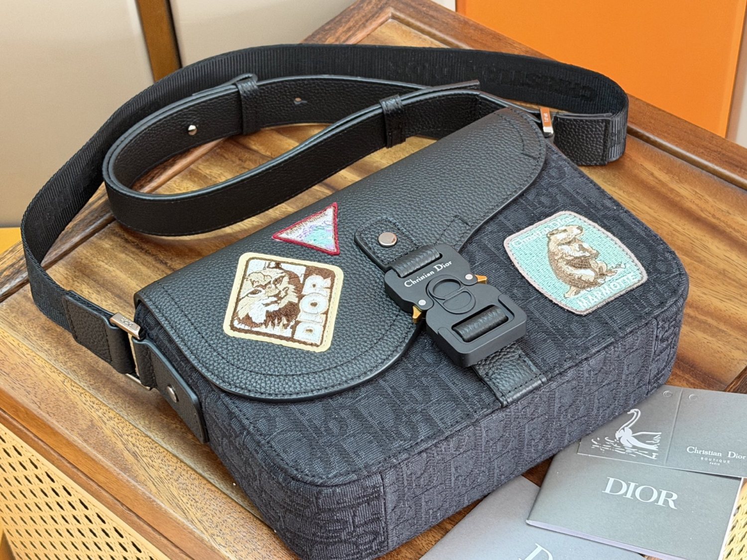 Dior Men's Male Black Grainy Leather Saddle Messenger Bag with CHRISTIAN DIOR Logo Jacquard Shoulder Strap Crossbody Bag #195094