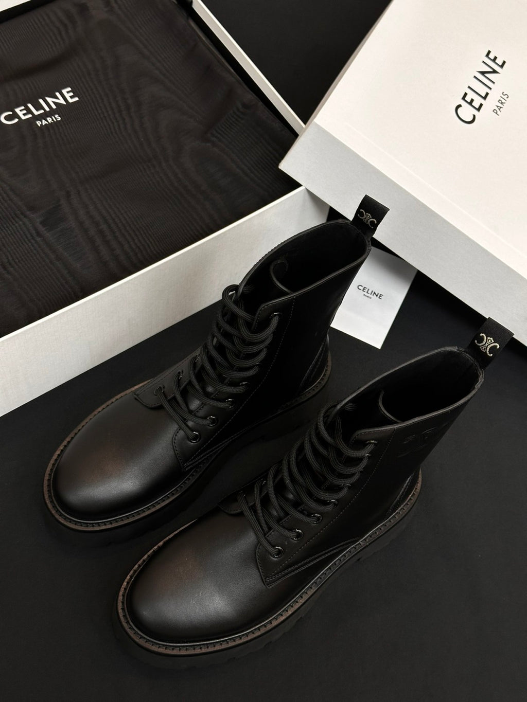 Celine Women's Spring/Fall Fashion Classic Nylon Glossy Leather Lace Up Thick Sole Martin Boots Short Boots Shoes #78277