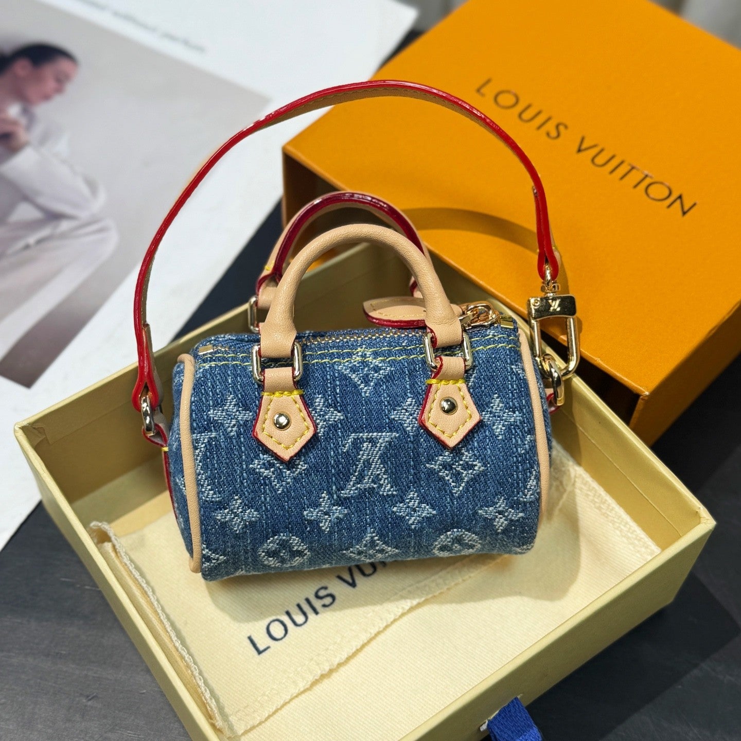 Louis Vuitton LV x TM Micro Speedy Denim Cerise Women's Blue Denim Fabric Cherry Pattern Mini Bag Bags #77583