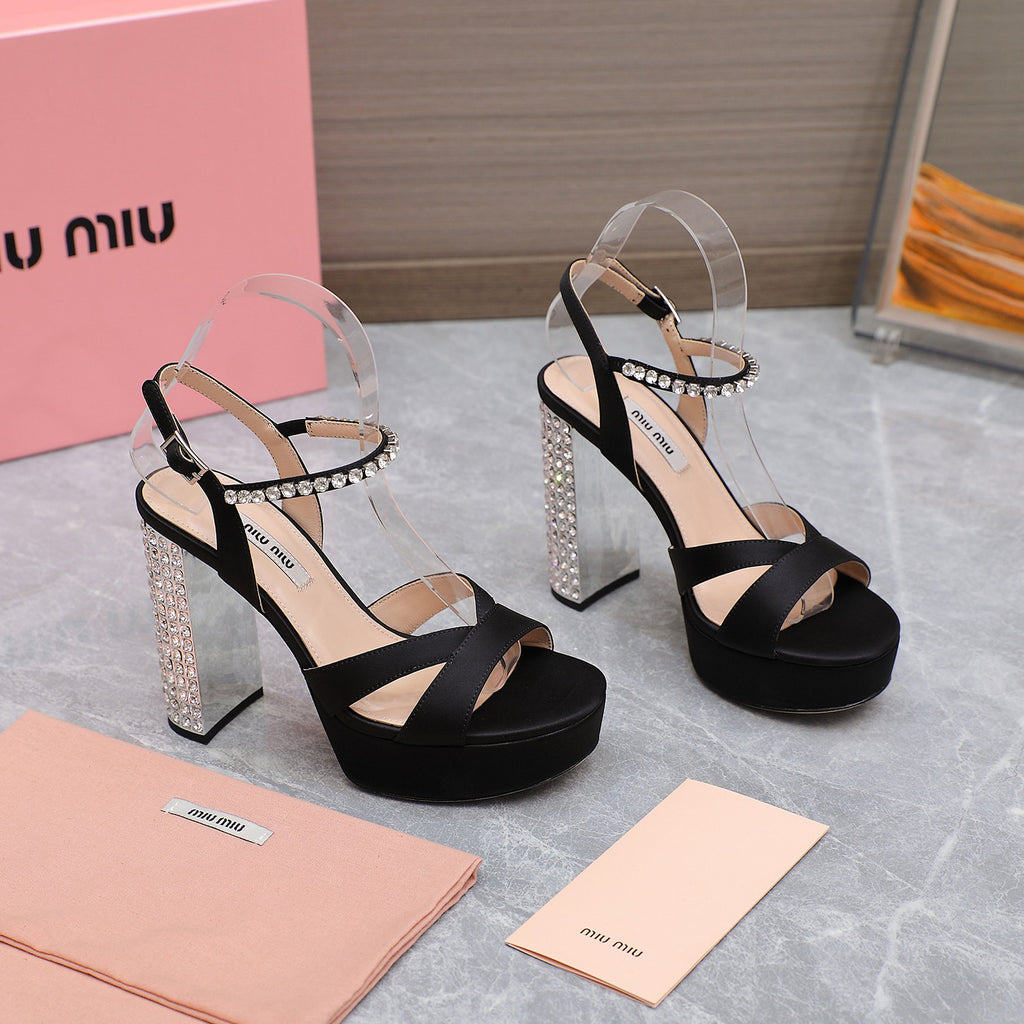 MiuMiu Women's Summer Solid Colour Sheepskin Diamonds High Heeled Sandals Shoes #76786