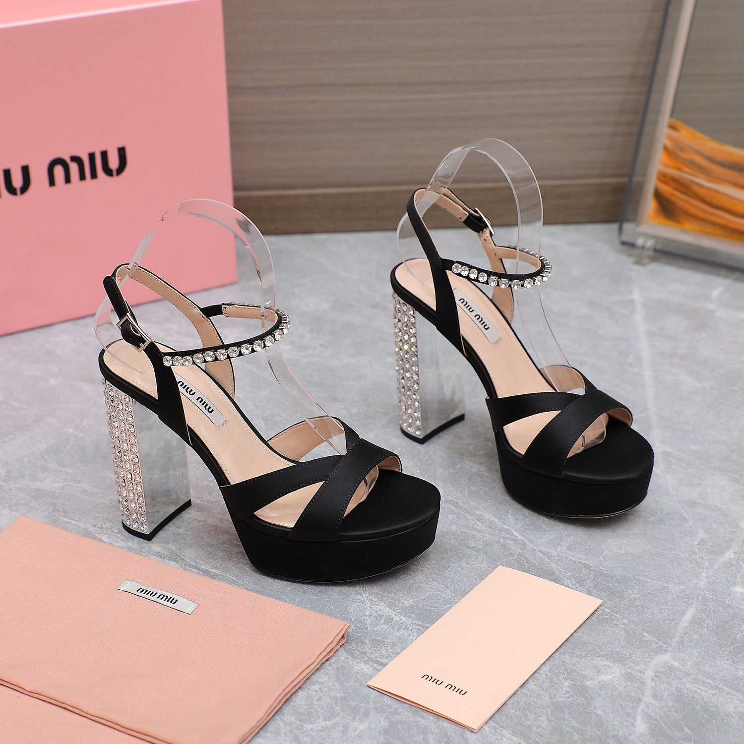 MiuMiu Women's Summer Solid Colour Sheepskin Diamonds High Heeled Sandals Shoes #76786