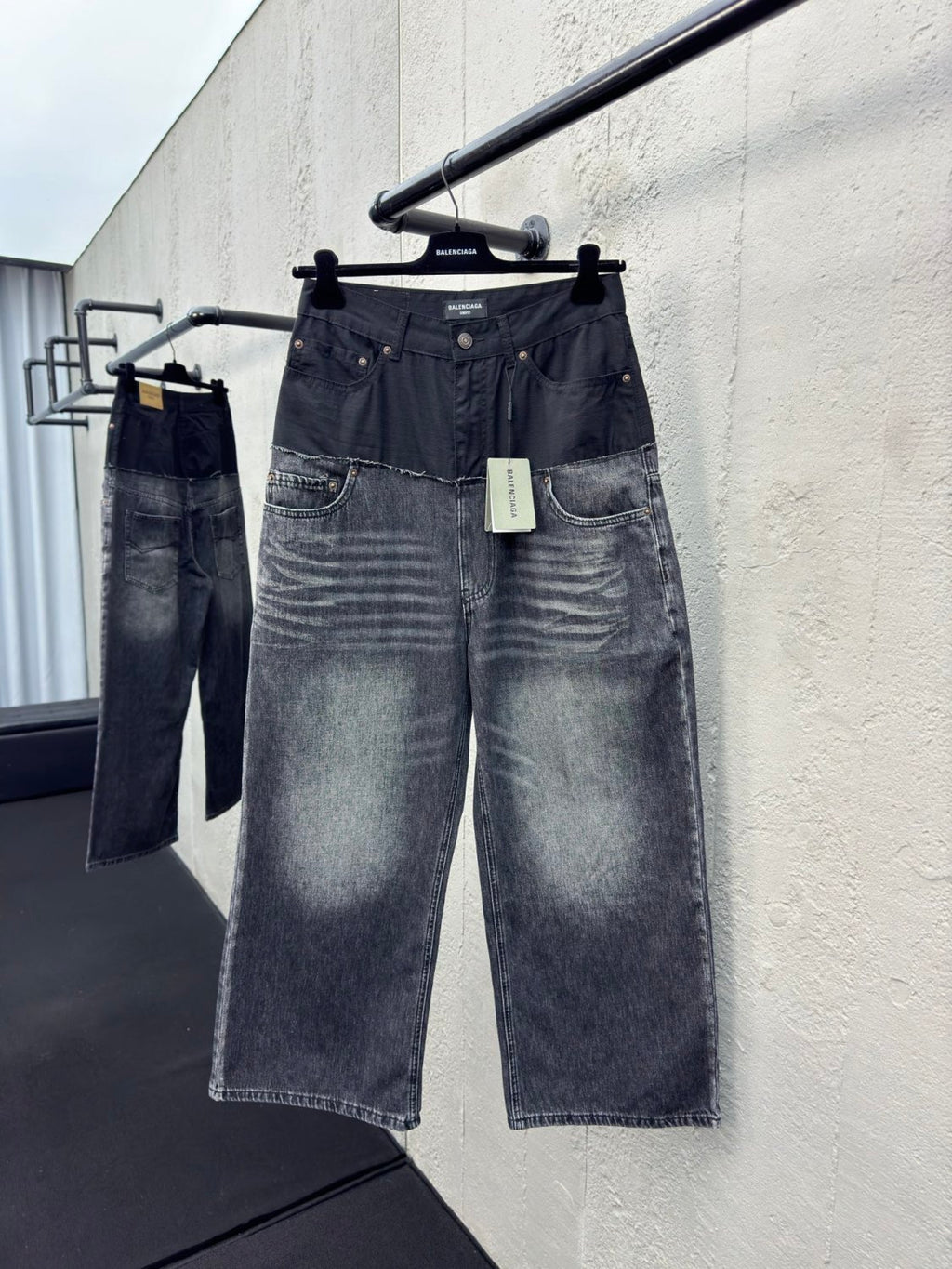 Balenciaga Men's And Women's Spring And Fall Solid Color Splicing Effect Button Loose Fit Jeans Pants #75497
