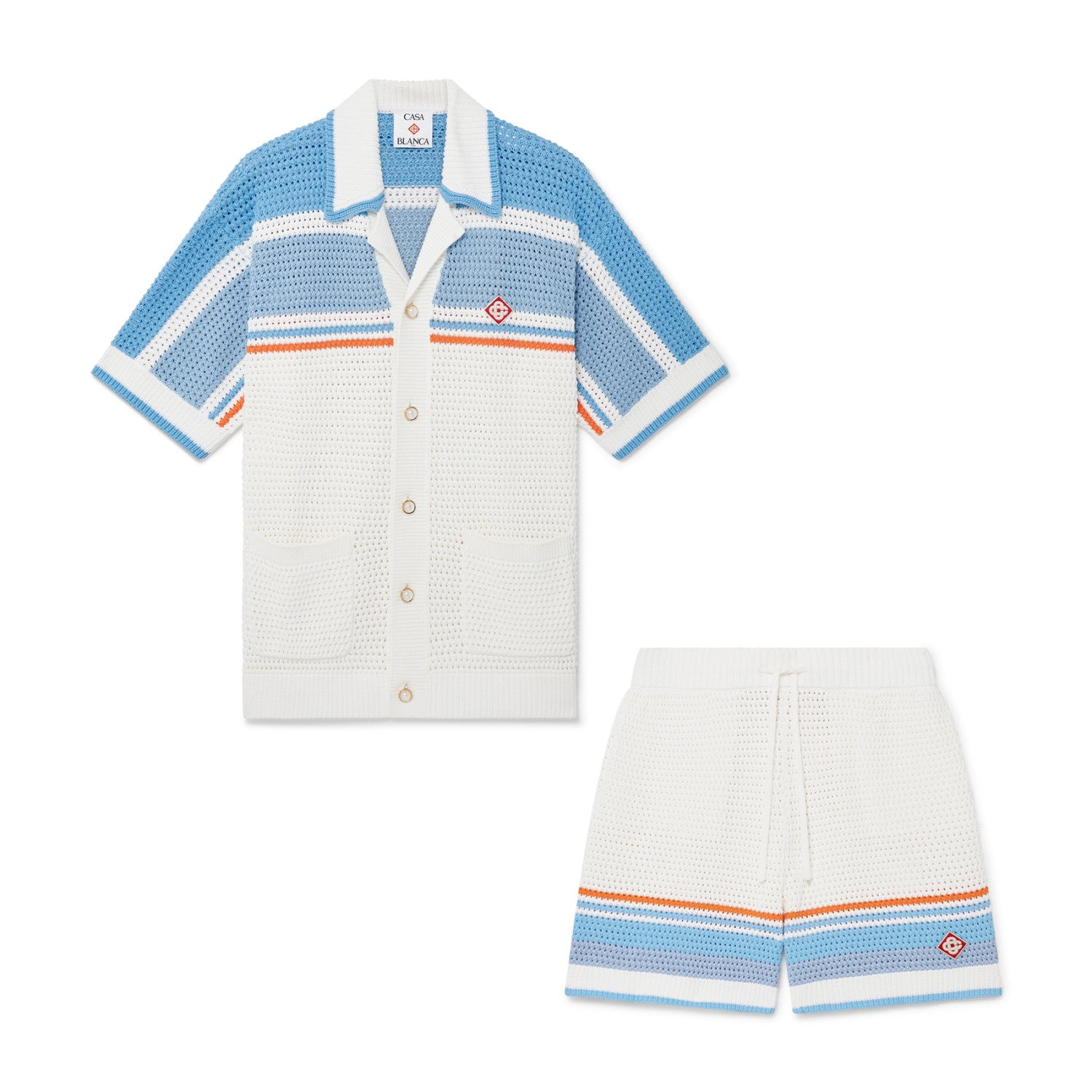 Casablanca Men's Summer Striped Printed Crochet Knit Single Breasted Short Sleeved Shirt And Casual Drawstring Shorts Set Suit #77391