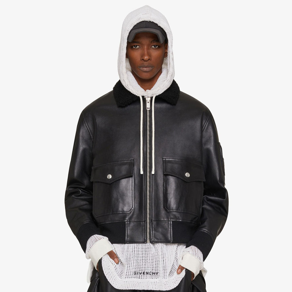 Givenchy Men's Winter Black Lamb Fur Collar Lapel Lambskin Leather Zipper Jacket #98473
