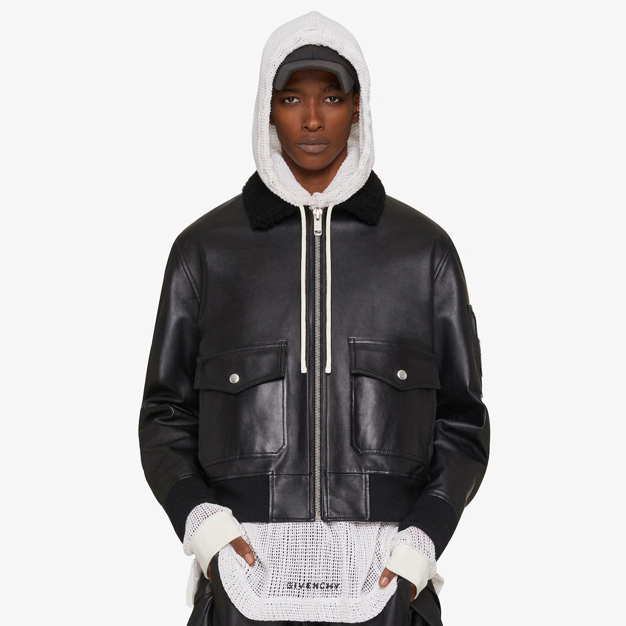 Givenchy Men's Winter Black Lamb Fur Collar Lapel Lambskin Leather Zipper Jacket #98473