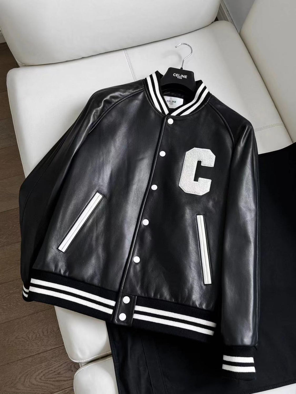 Celine Men's Fall And Winter Black And White Striped Monogrammed Labeled Single Breasted Leather Jacket #98457
