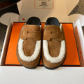 Hermes Men's And Women's Winter Boken Shoes Round Toe Flat Heel Slippers Solid Color Suede Mule Go Shoes #81519