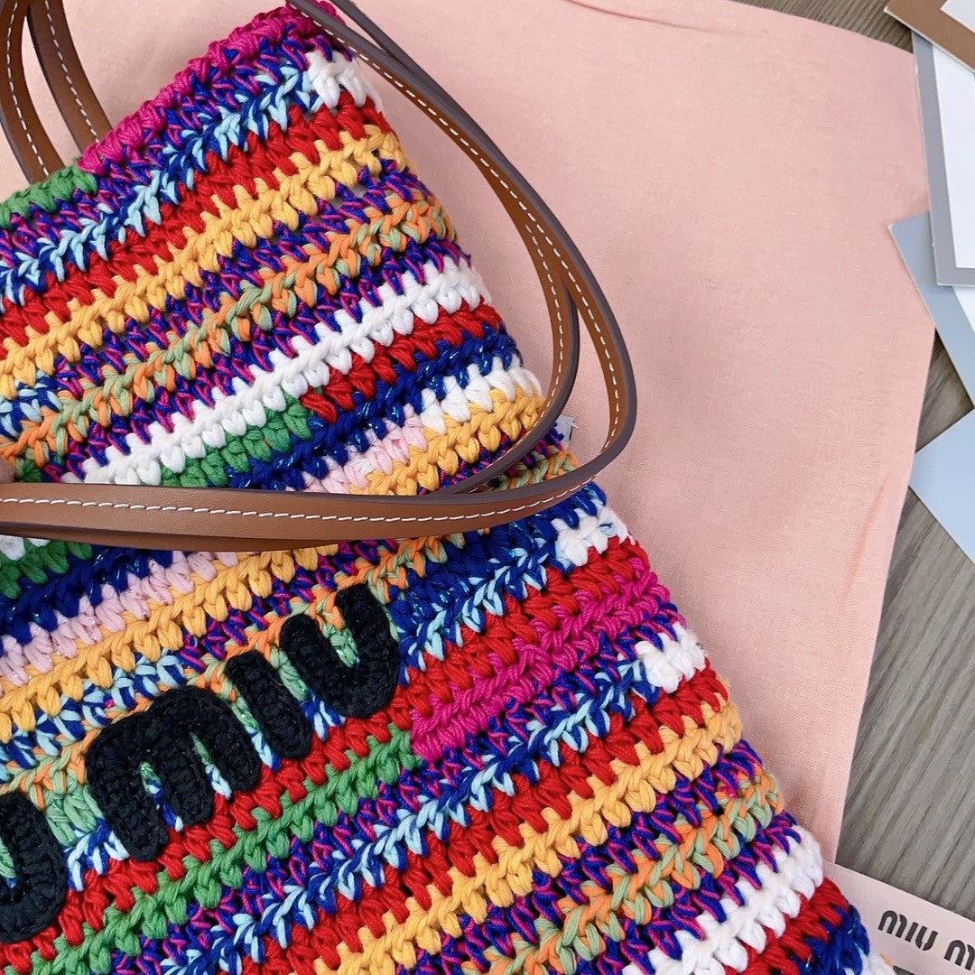MiuMiu Women's Multicolour Embroidery Logo Crochet Shopping Bag Shoulder Handbag Tote Bags #76739