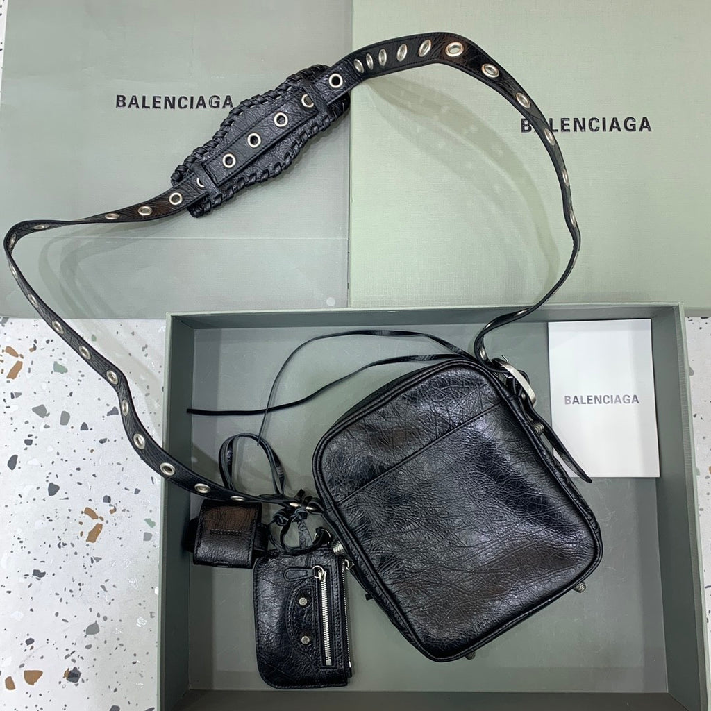 Balenciaga LE CAGOLE Men's and Women's Unisex Fashion Casual Solid-Color Leather Adjustable Strap Vertical Motorcycle Bag Shoulder Bag Crossbody Bag  Bags #78491