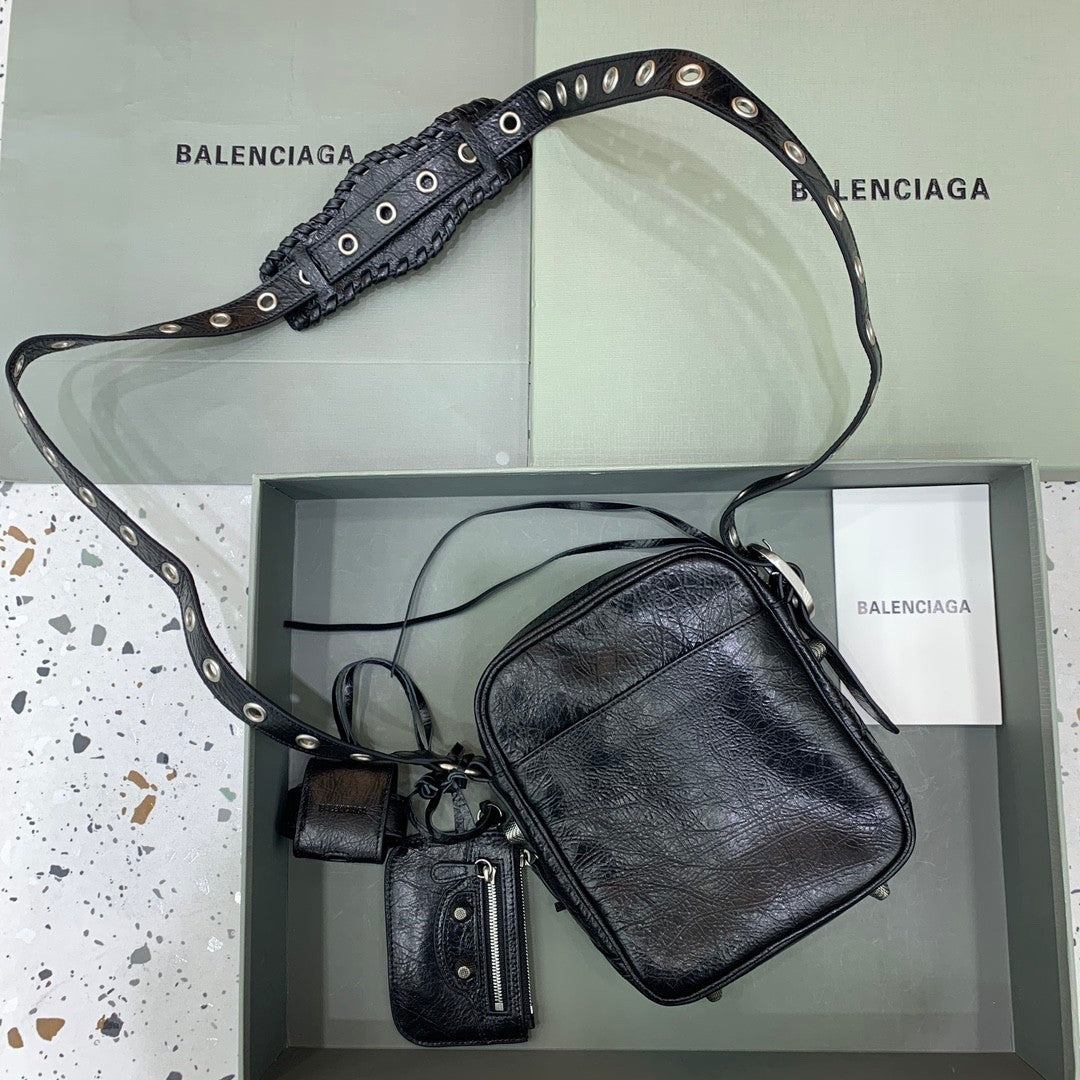 Balenciaga LE CAGOLE Men's and Women's Unisex Fashion Casual Solid-Color Leather Adjustable Strap Vertical Motorcycle Bag Shoulder Bag Crossbody Bag  Bags #78491