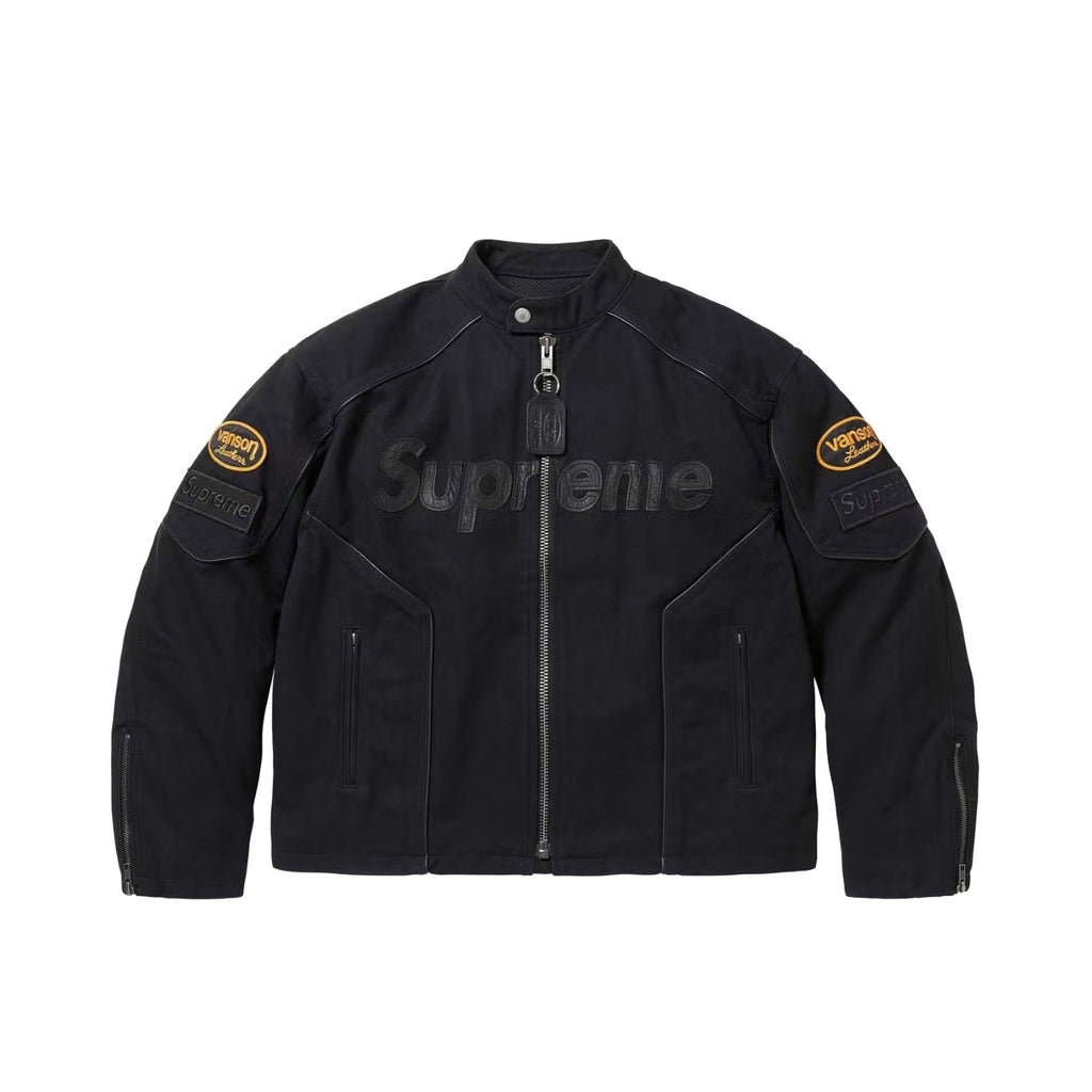 Supreme x Vanson Leathers x Cordura Men's And Women's Spring/Fall Fashion Casual High Neck Leather Logo Zipper Patchwork American Style Jacket #78582