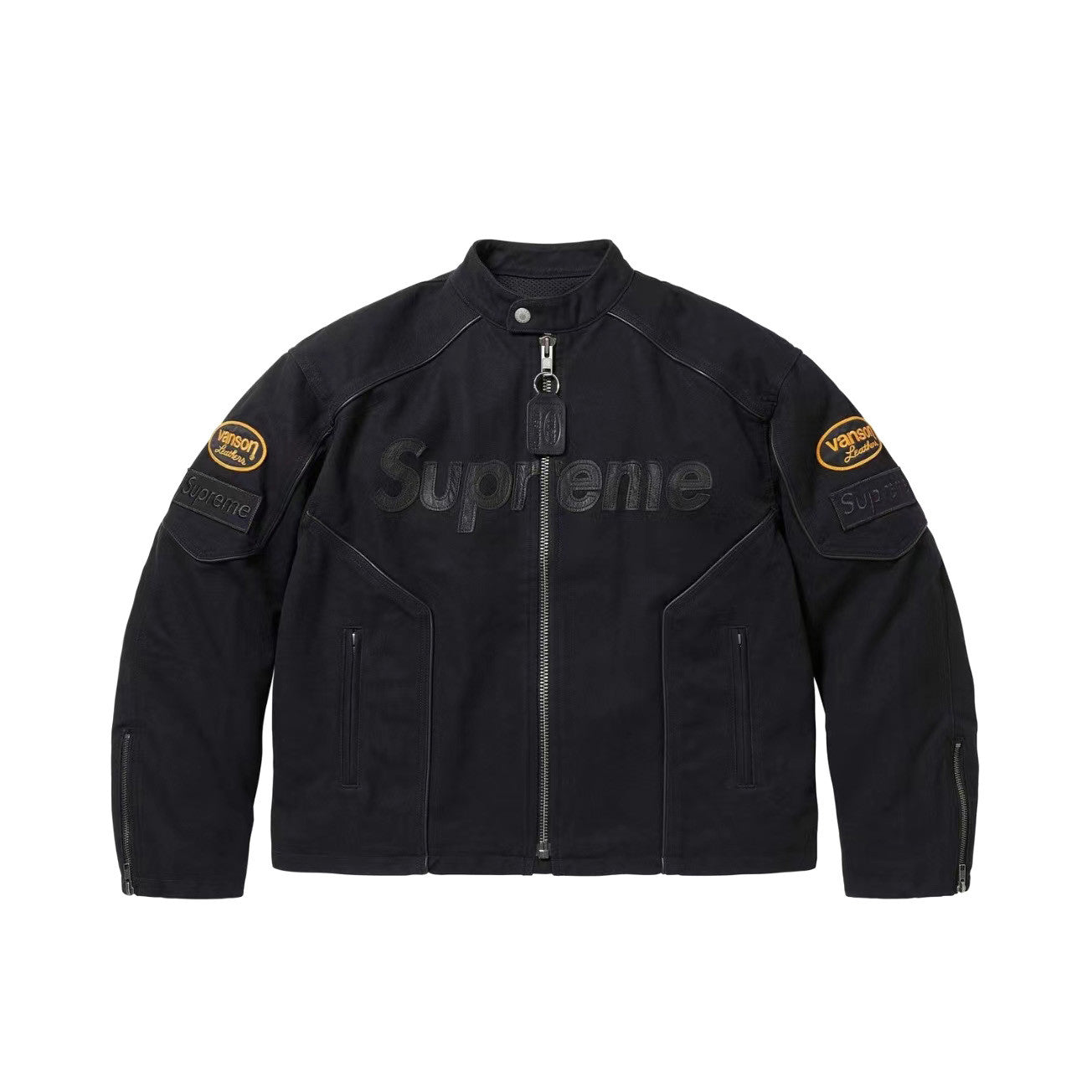Supreme x Vanson Leathers x Cordura Men's And Women's Spring/Fall Fashion Casual High Neck Leather Logo Zipper Patchwork American Style Jacket #78582