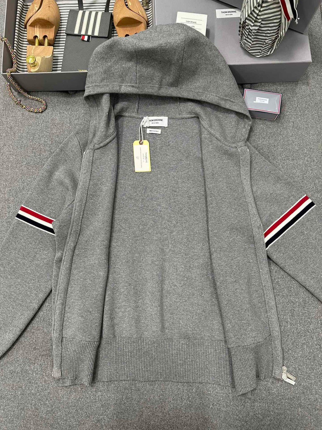 Thom Browne Men's Spring & Autumn Cotton Armband Embellished Solid Color Zipper Fitted Hooded Cardigan Jacket Ngvp #1943
