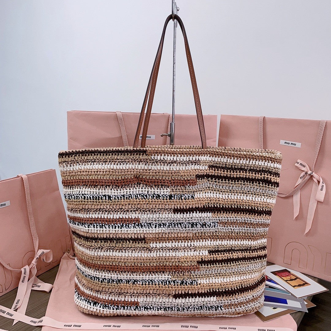 MiuMiu Women's Multicolour Embroidery Logo Crochet Shopping Bag Shoulder Handbag Tote Bags #76741