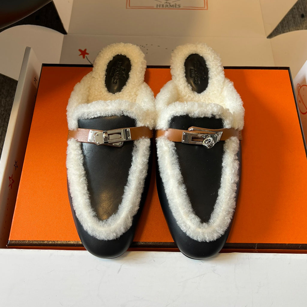 Hermes Women's Winter Suede Round-Toe Flat Half-Slip-On Shoes. Casual Solid Color Slip-On Slippers #81517