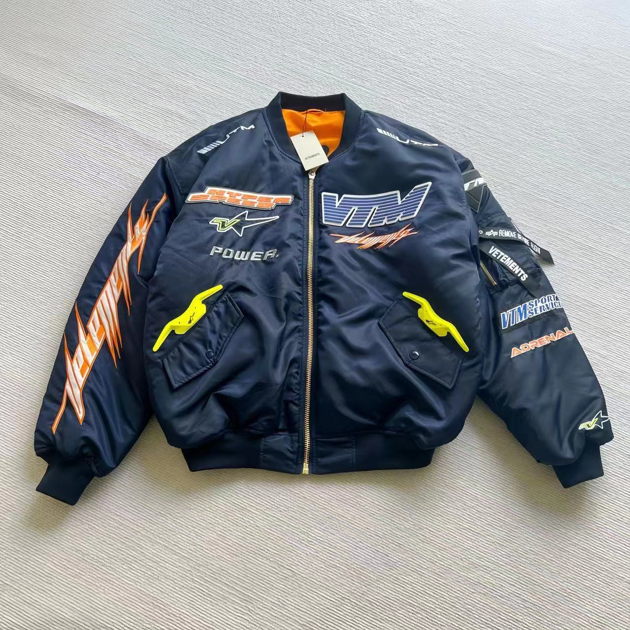Vetements Men's Spring And Autumn Fashion High Street Racing Suit Metal Zipper Standing Collar Jacket Embroidered Logo Black Jacket  #98328