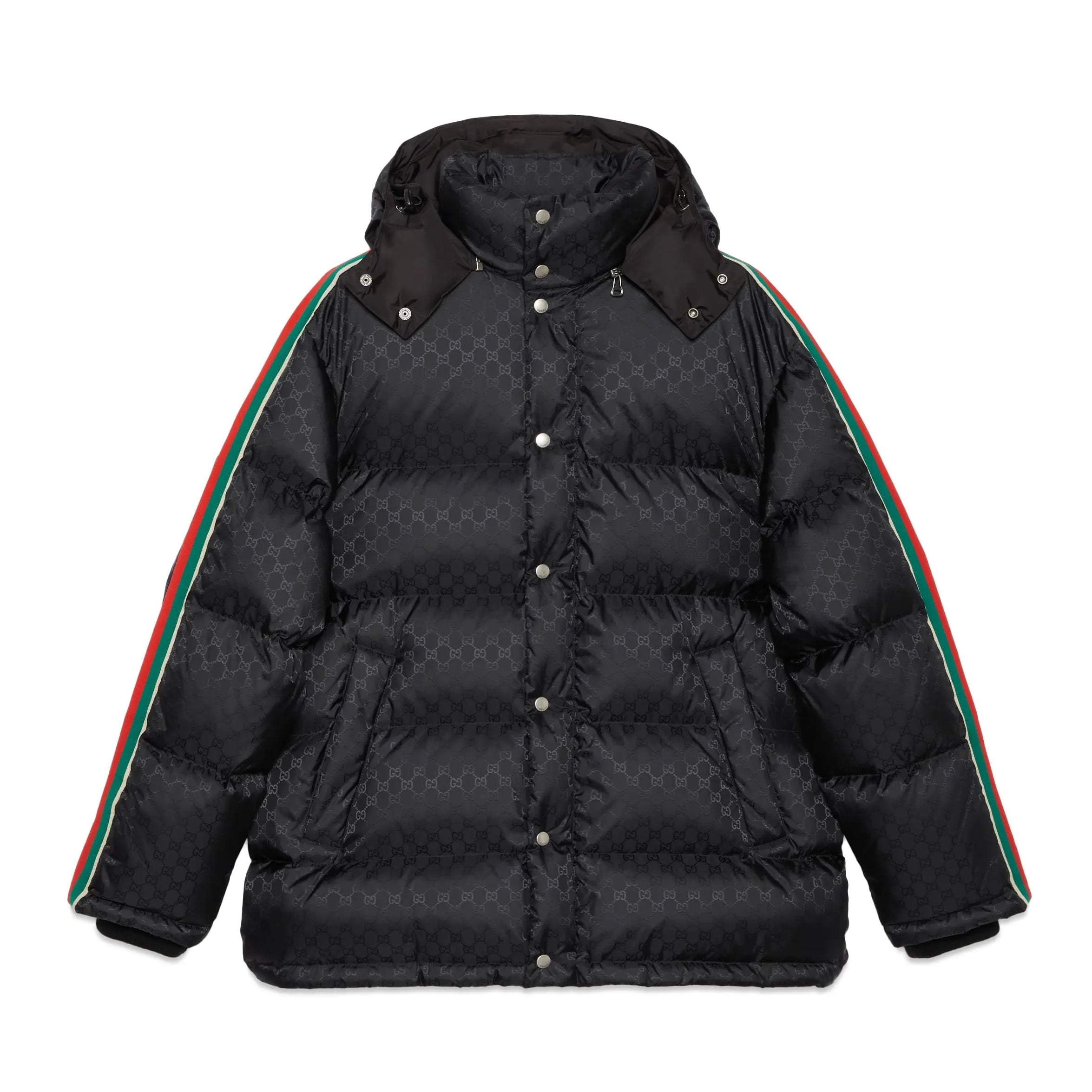 Gucci Men's Fall/Winter Black Trimmed Webbing GG Nylon Jacquard Hooded Zipper Long Sleeve Puffer Down Jacket #73728