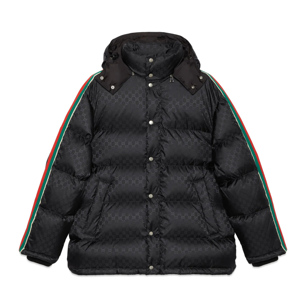 Gucci Men's Fall/Winter Black Trimmed Webbing GG Nylon Jacquard Hooded Zipper Long Sleeve Puffer Down Jacket #73728