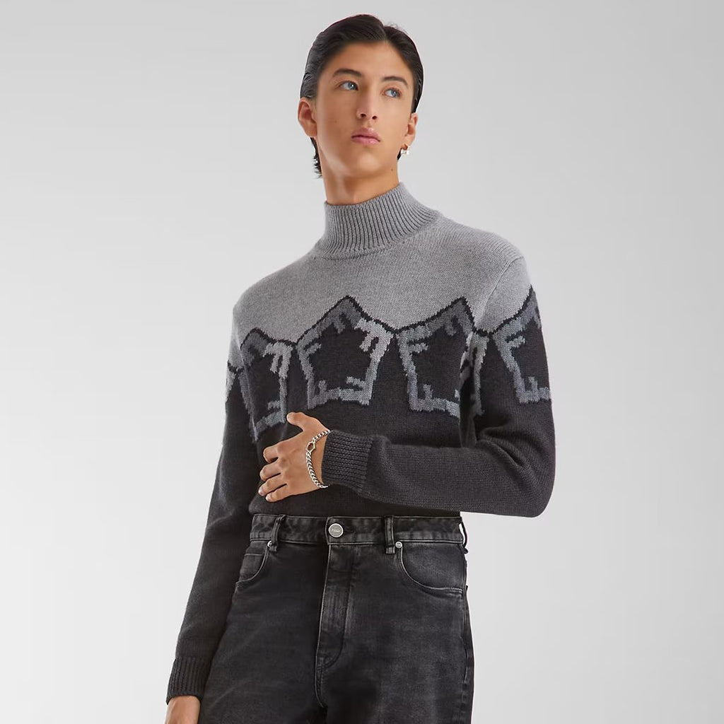 Fendi Men's Spring And Autumn Grey Loose High Neck Knit Pullover Jumper Sweater #97844