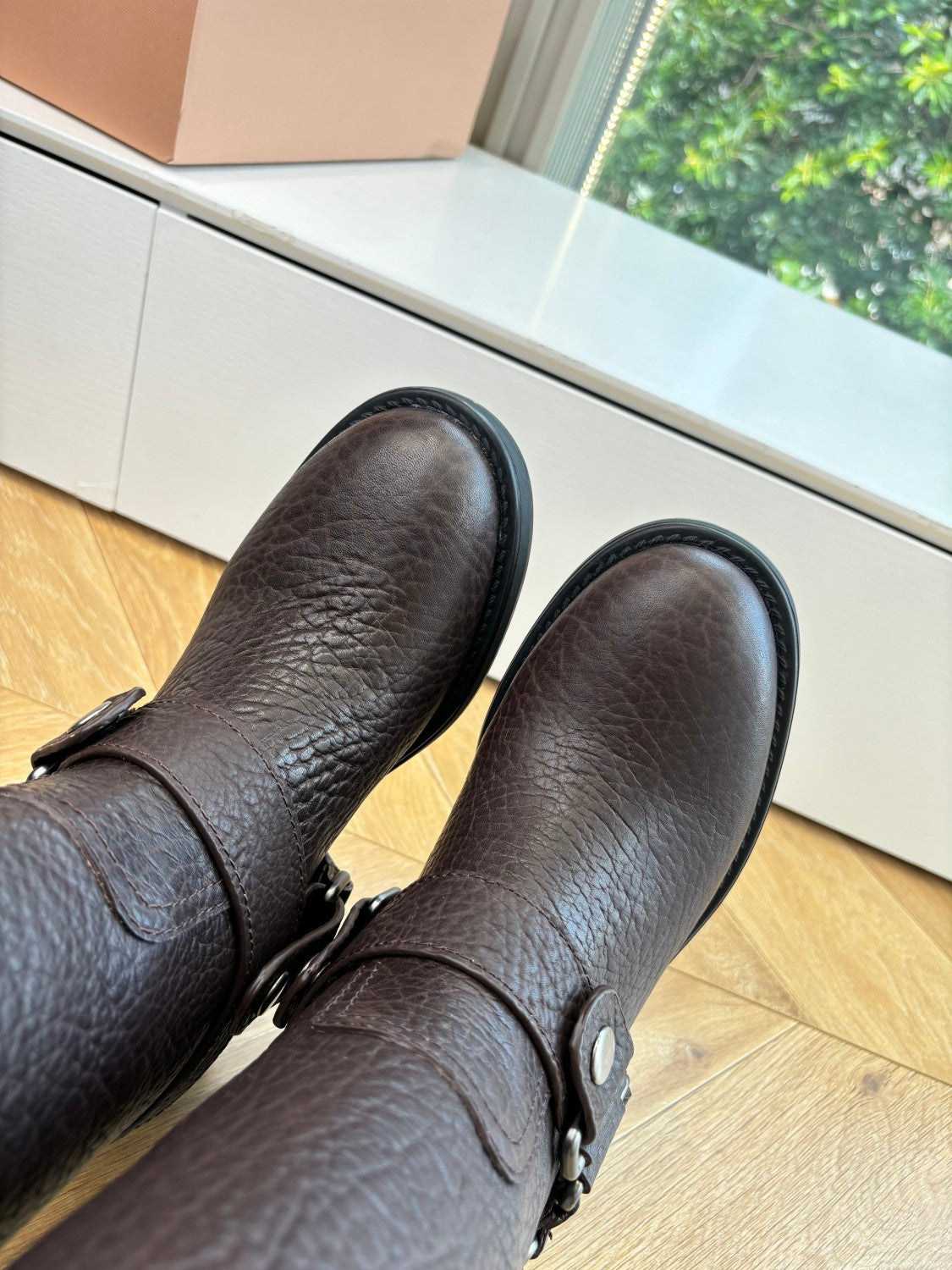 MiuMiu Women's Fall/Winter Classic Solid-Color Leather Biker-Style Long Boots Retro Rider Long Boots Shoes #78721