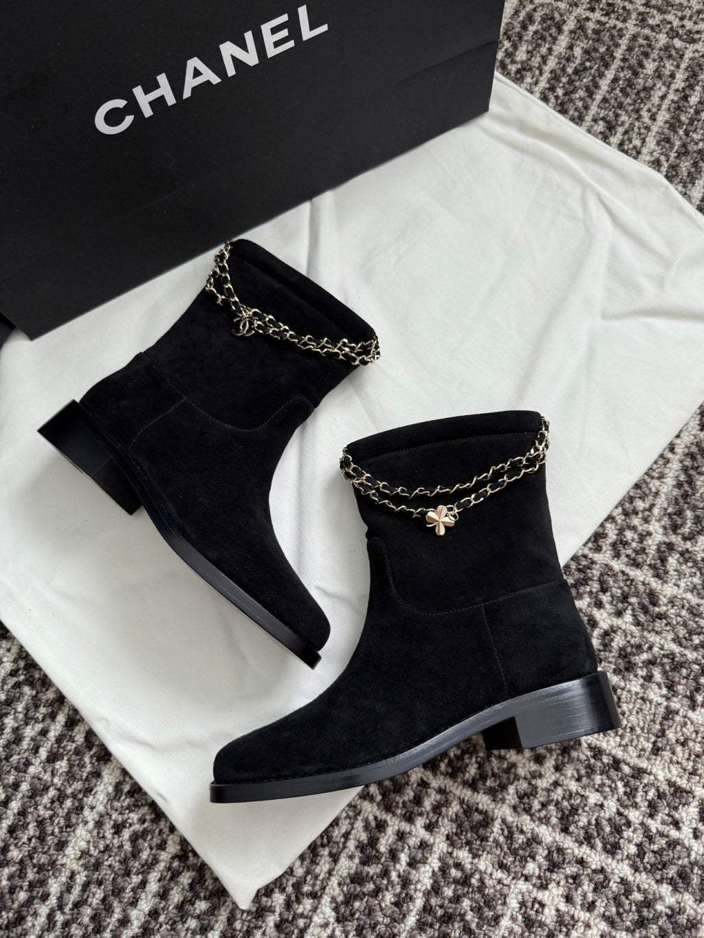 Chanel Women's Fall/winter Fashion Classic Solid Color Leather Suede Round Toe Cuffed Chunky Heel Chain Pendant Ankle Boots Shoes #79218