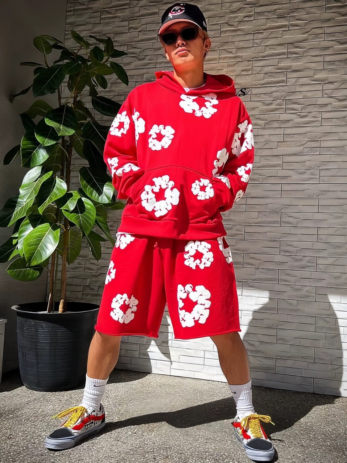 Denim Tears Men's Women's Spring & Autumn Floral Print Pocket Long Sleeve Solid Color Fit Cotton Hooded Sweatshirt Ngvp #8853