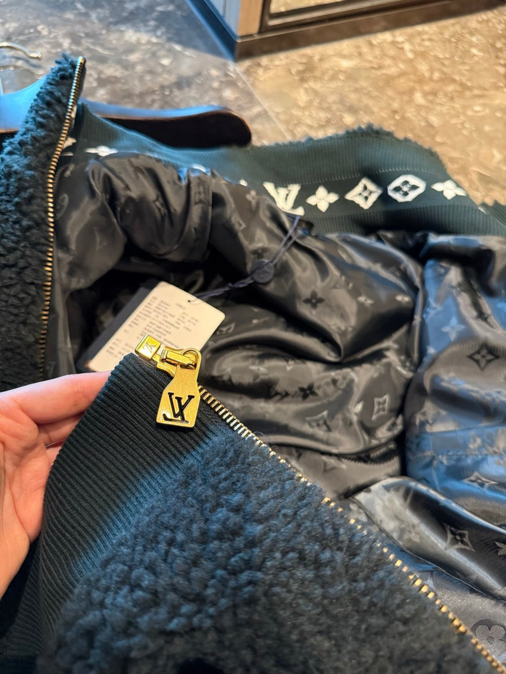 Louis Vuitton Women's and Men's Dark Green Suede Leather Label Teddy Velvet Suede Belted Jacket With Leather Patches #332529