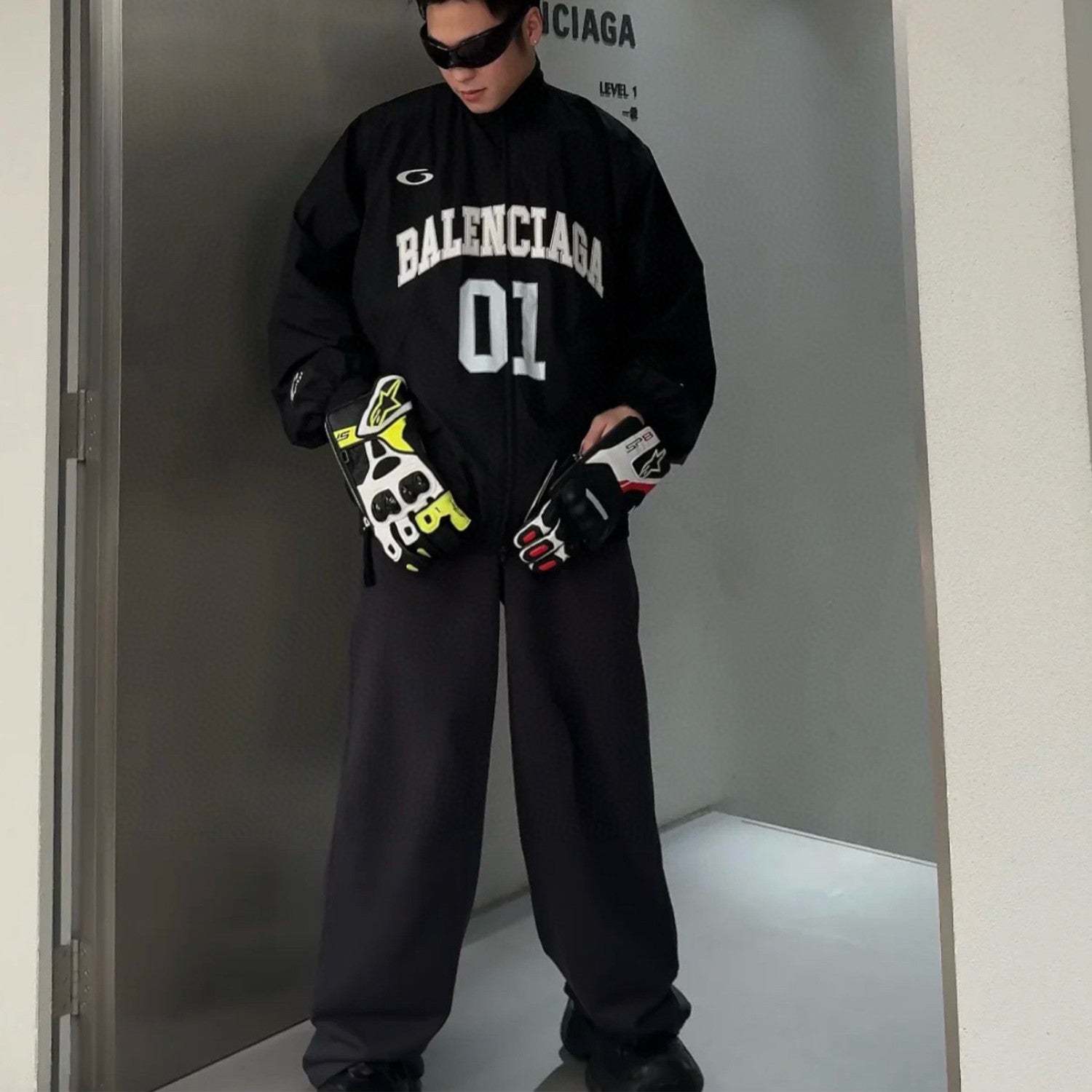 Balenciaga Men's Retro Basketball Sportswear Black High Street Standing Collar Zip Jacket Wide Leg Casual Trousers Pants Suit Set  #71859