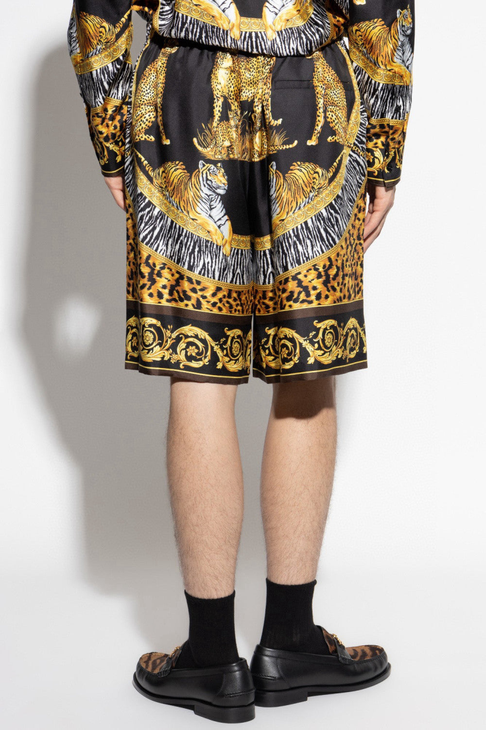 Versace Wild Cats Silk Lapel Shirt Shorts Set Men's Luxury Temperament Casual Single-breasted Shirt Elastic Waist Shorts Suit Set Ngvp #2444